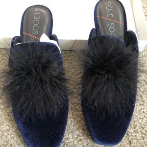 Navy velvet loafers w/ black pompom - never worn!